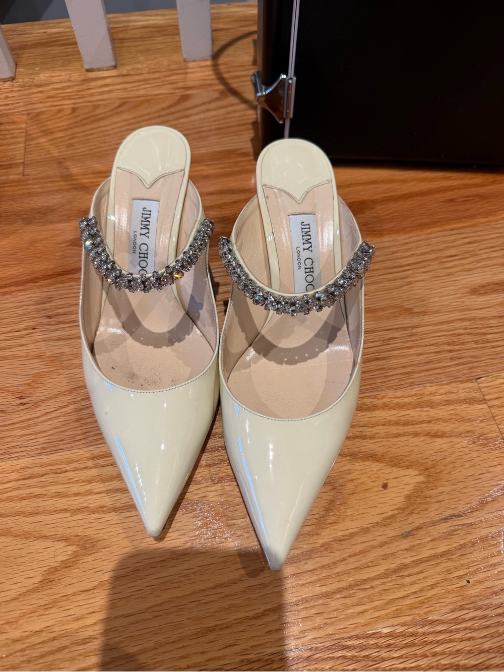 Jimmy Choo Ivory Patent Pointed Mule Heels with Crystal Strap